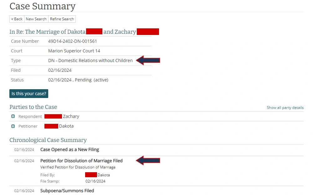 Screenshot of a case summary from Indiana Courts, MyCase, showing the case title, case number, court, case type, filed date, status, names of parties, and events in chronological order.