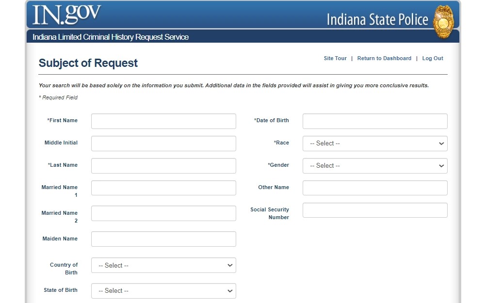 Screenshot of the third page of the online request portal for limited criminal history check, displaying fields to fill regarding the subject of request including the name, birthdate, race, sex, social security number, and place of birth.