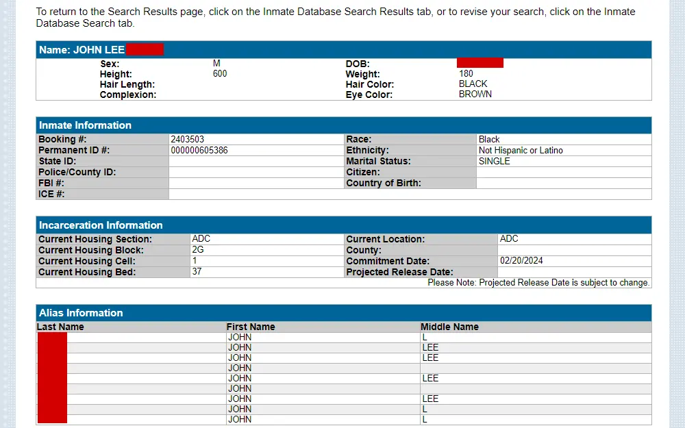 Screenshot of a case summary from the Indianapolis inmate lookup displaying information about the inmate, their incarceration, and alias.