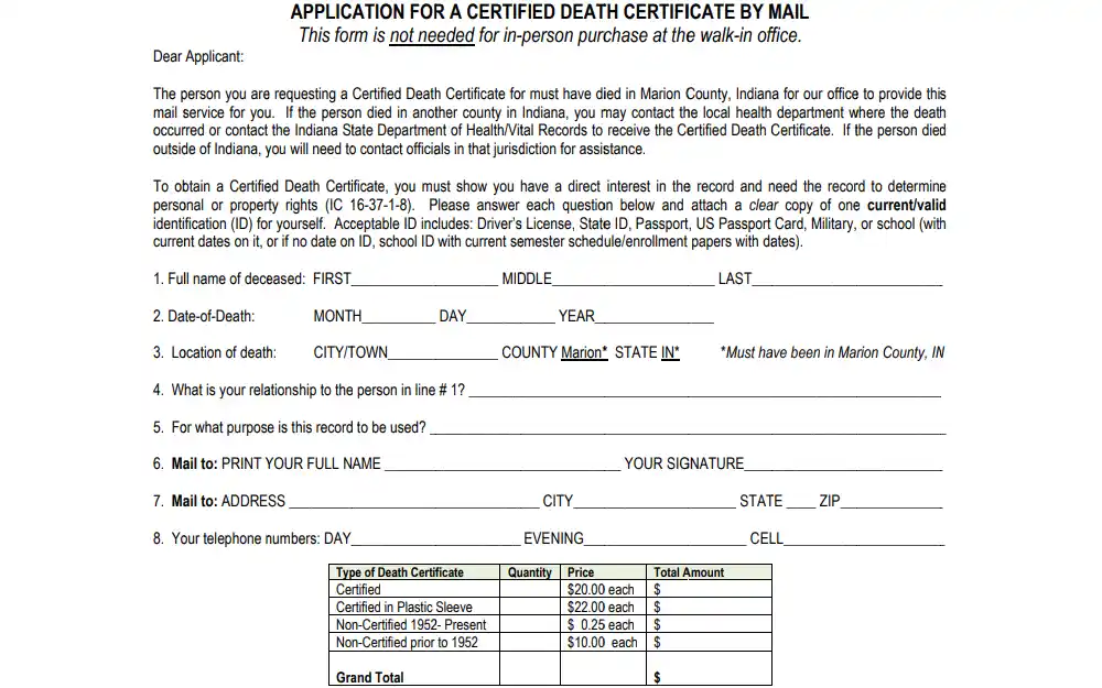 Screenshot of the application form for certified death record showing fields provided for the information of person on record and requestor's details, an introductory note, and a table of fees.