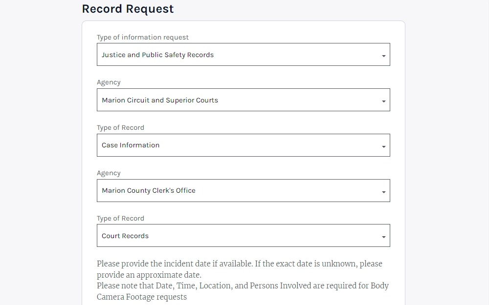 A screenshot of the record request online form displaying the filled drop-down menus for agencies and type of records requested, and a short note for the succeeding fields.