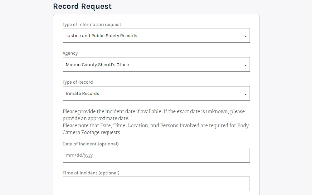 Screenshot of the records request addressed to Marion County Sheriff's Office regarding inmate records with fields for incident time and date.