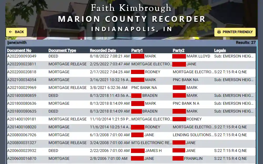 Screenshot of the search results of property records from the recorder's office of Marion county displaying the names of parties, document number, document type, and date of recording.