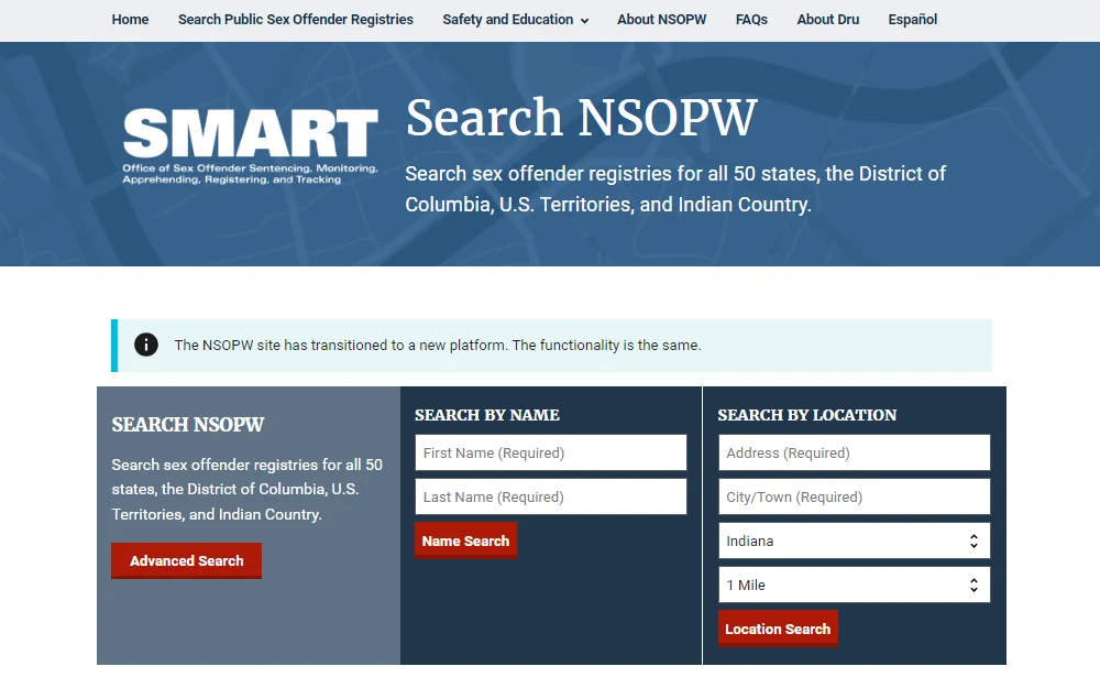 Screenshot of the National Sex Offender Public Website displaying the searches by name and location.